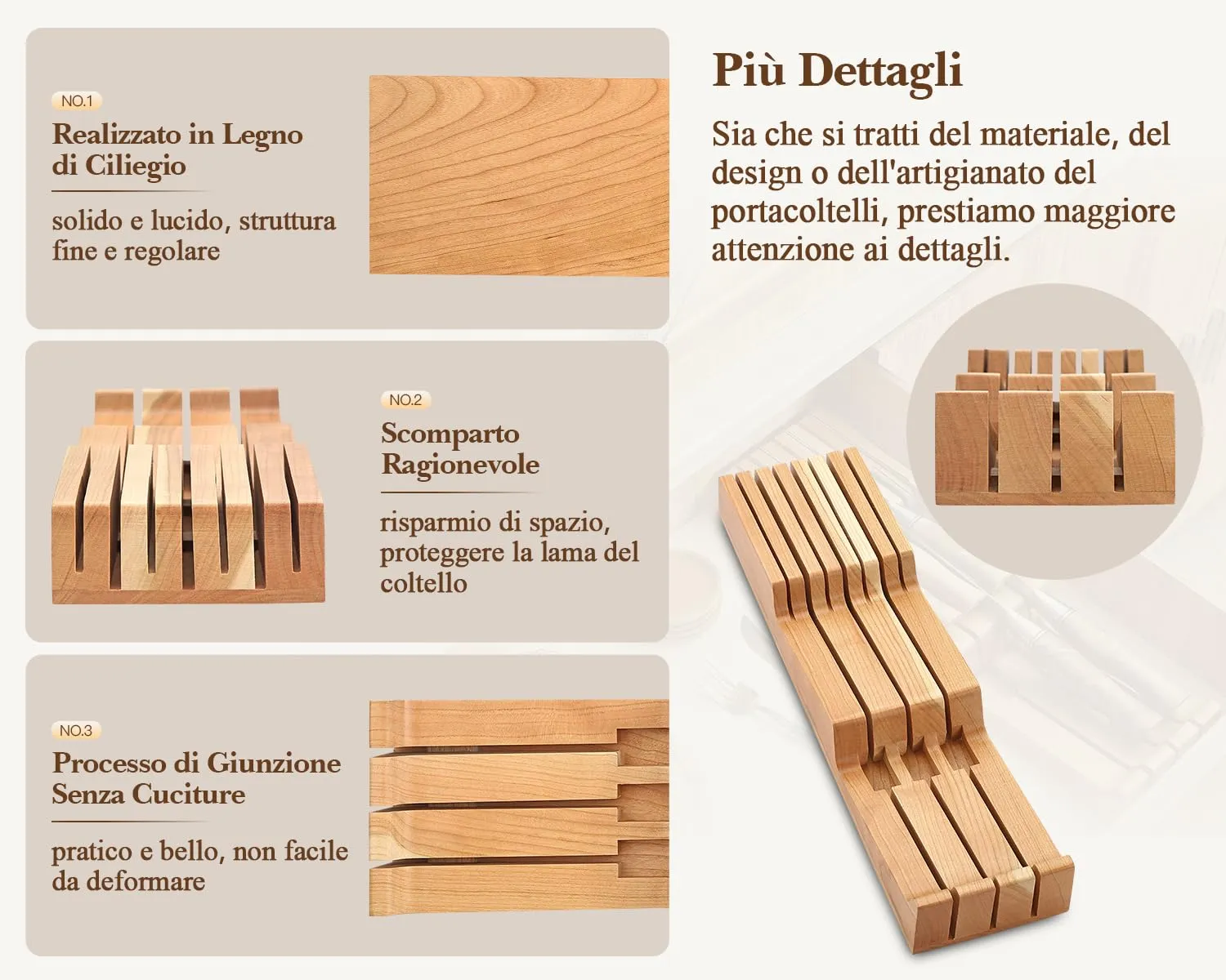 HEZHEN Portacoltelli Cassetto Legno Ciliegio 7 Posti
