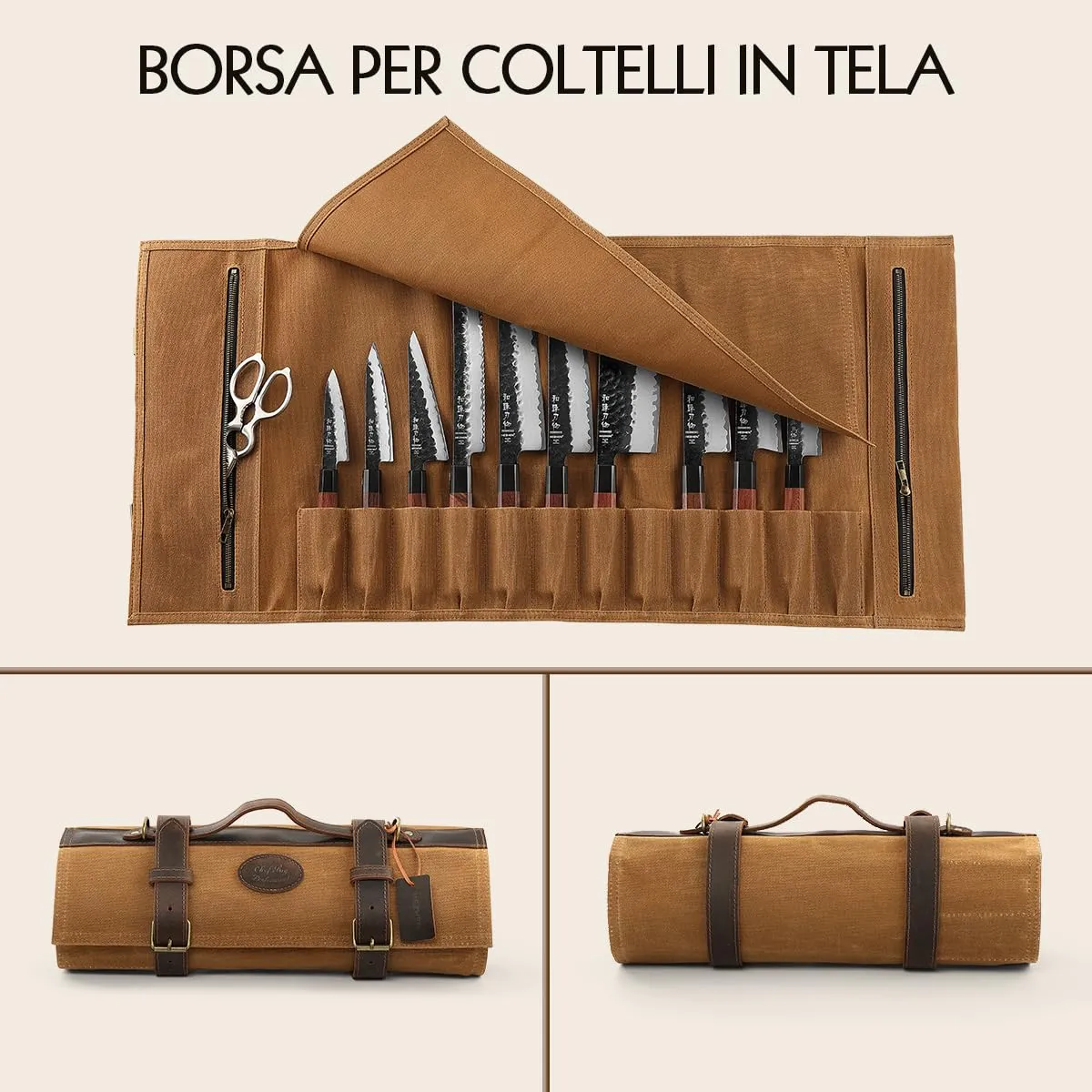 Hezhen Chef Borsa Portacoltelli Tela Ocra 12 Posti