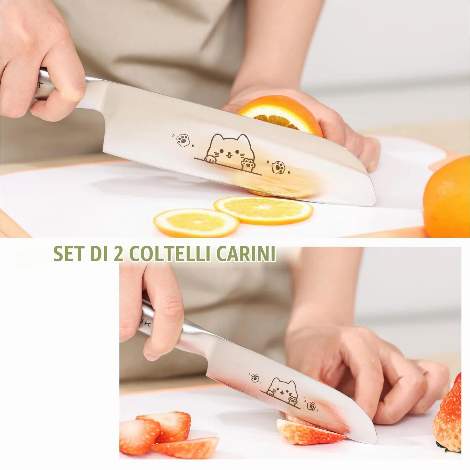 Meowkit Set Coltelli 2 Pezzi Santoku Gatto Inox