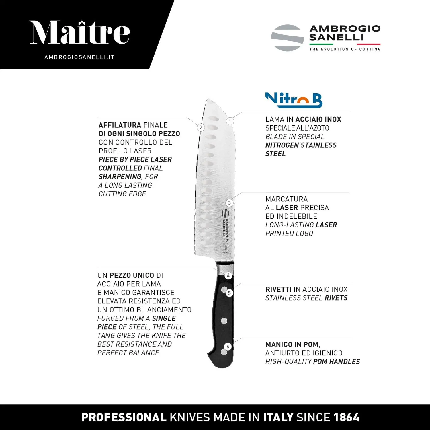 Sanelli Maitre Santoku coltello alveolato 18 cm inox