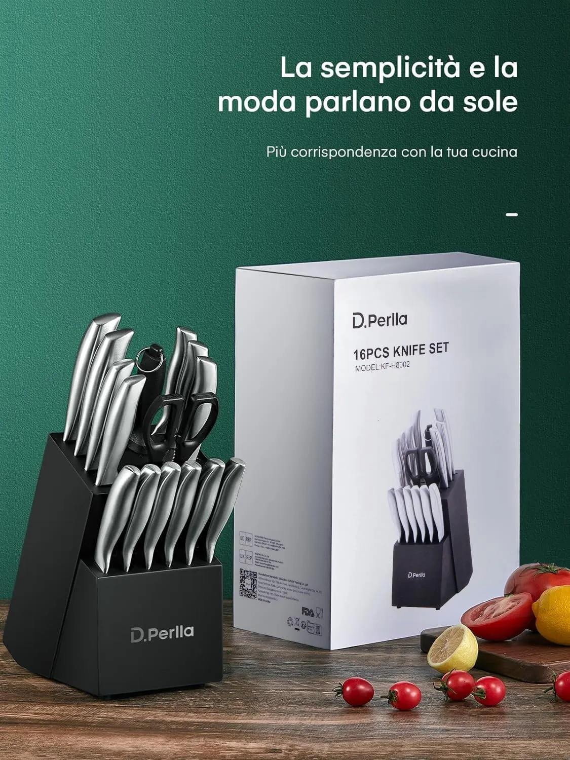 D.Perlla Set Coltelli Cucina 16 Pezzi con Ceppo Acciaio Inox