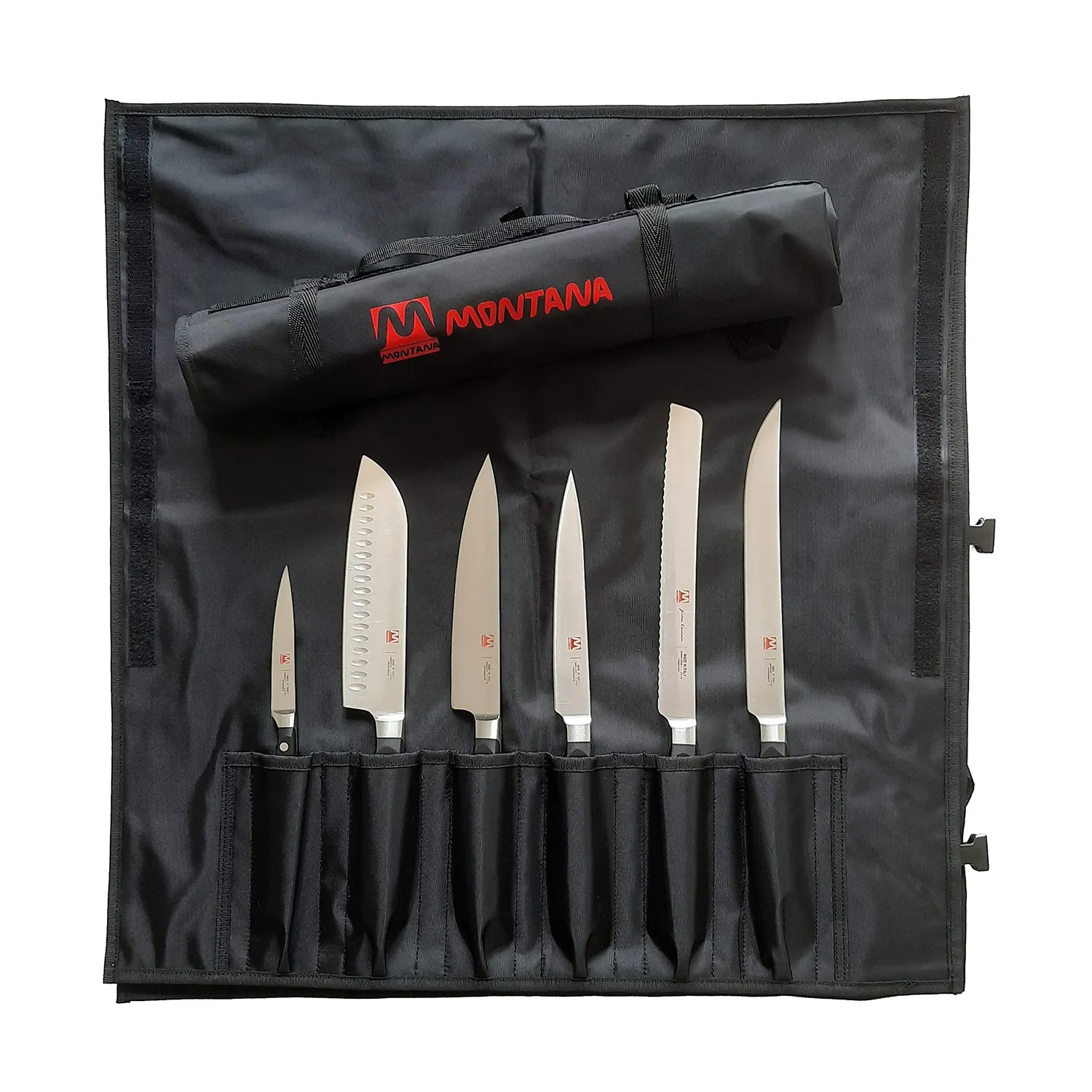 Montana Blu Optima Set Coltelli Cucina 6 Pezzi con Rotolo Acciaio
