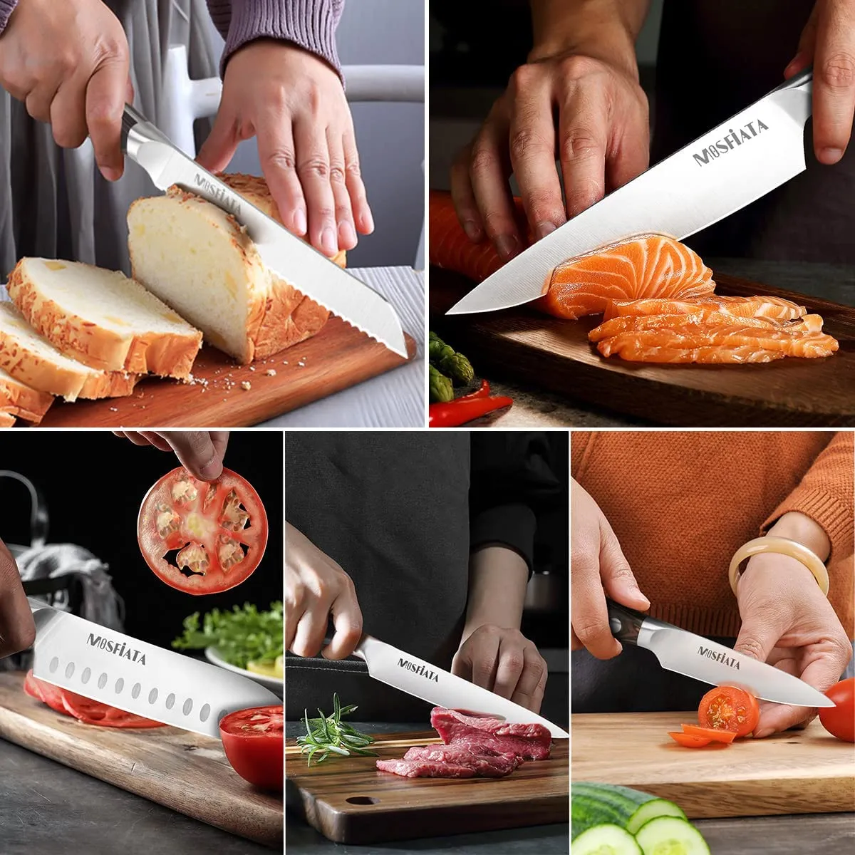 MOSFiATA Set 5 Coltelli Cucina Acciaio Chef Pane Verdure