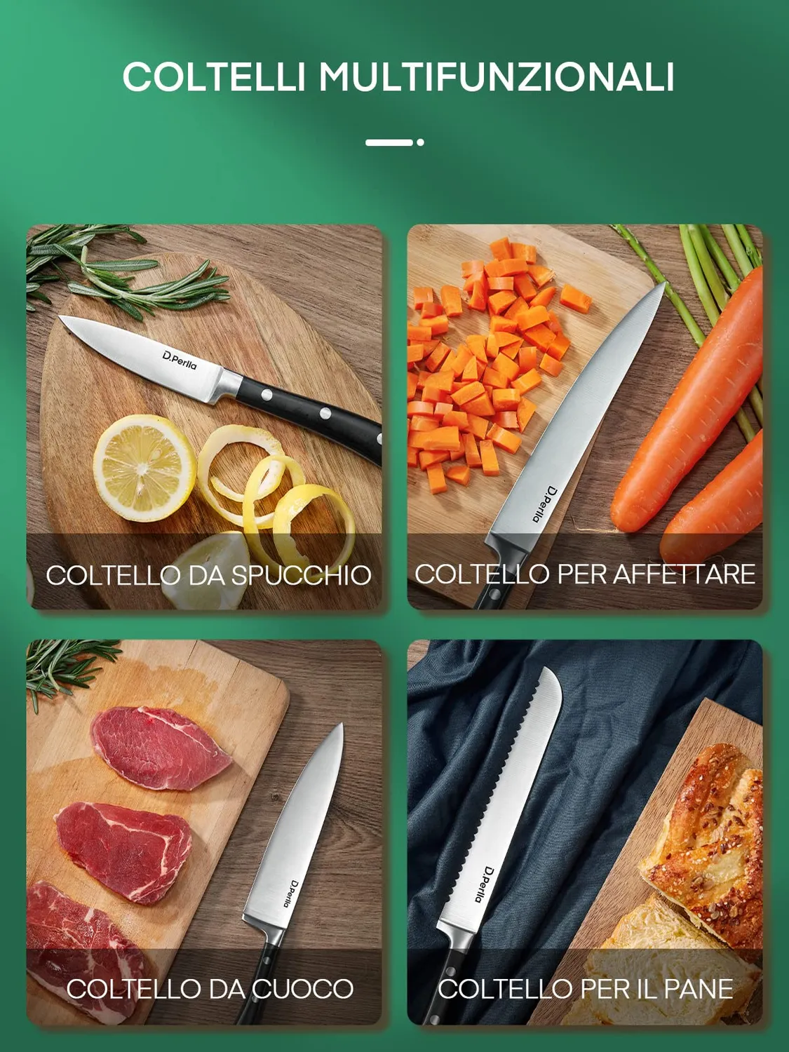 D.Perlla set coltelli cucina 6 pezzi acciaio ceppo legno
