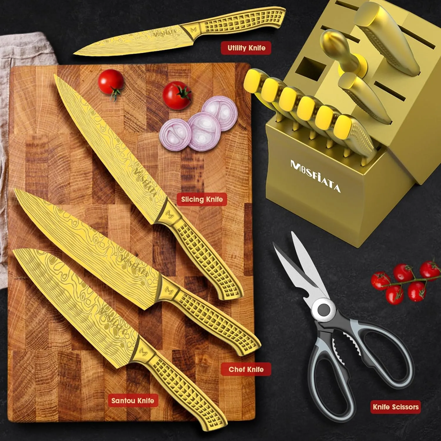 MOSFiATA Set 17 Coltelli Ceppo Oro Acciaio Inox