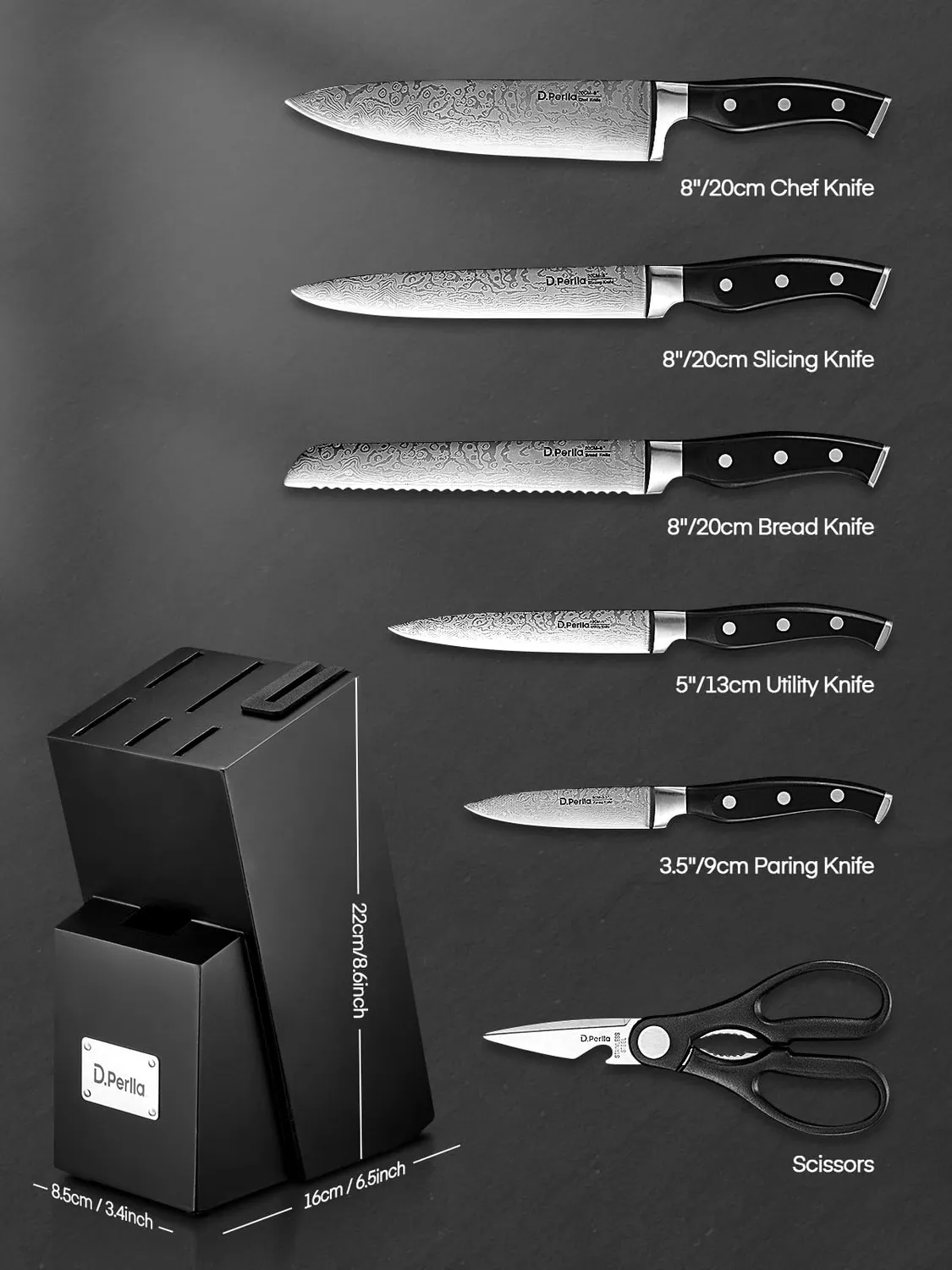 D.Perlla set coltelli cucina 7 pezzi ceppo nero autoaffilante