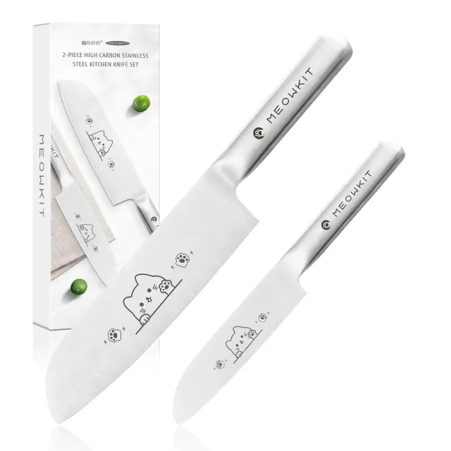Meowkit Set Coltelli 2 Pezzi Santoku Gatto Inox