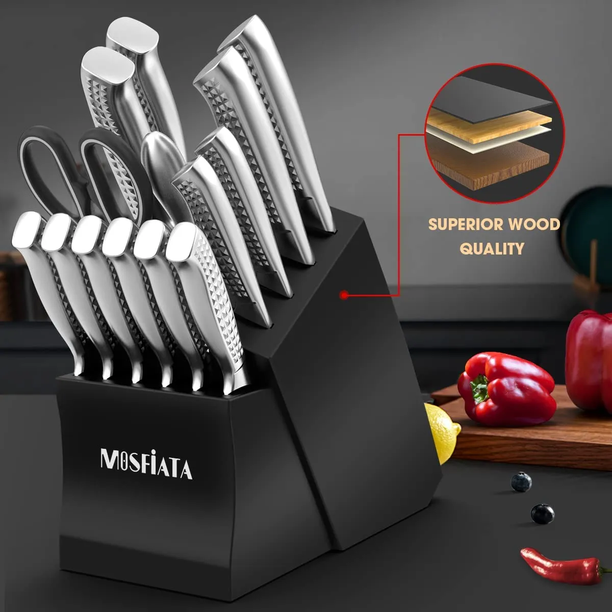 MOSFiATA set coltelli cucina 17 pezzi ceppo acciaio inox