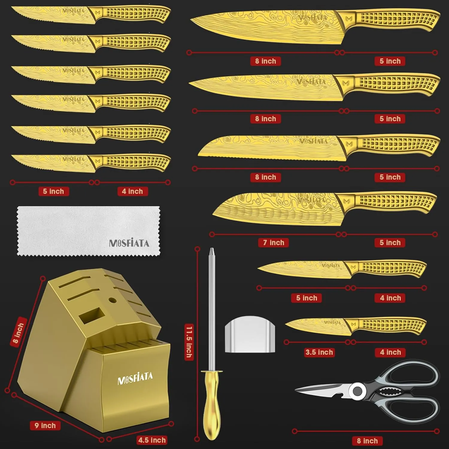 MOSFiATA Set 17 Coltelli Ceppo Oro Acciaio Inox