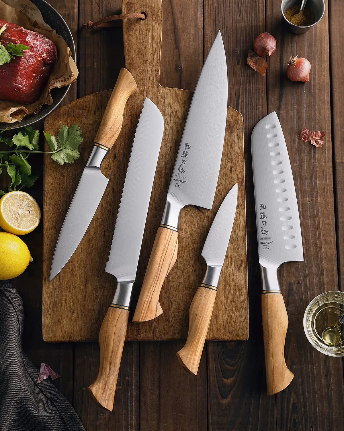 HEZHEN set coltelli cucina 5 pezzi acciaio svedese ulivo