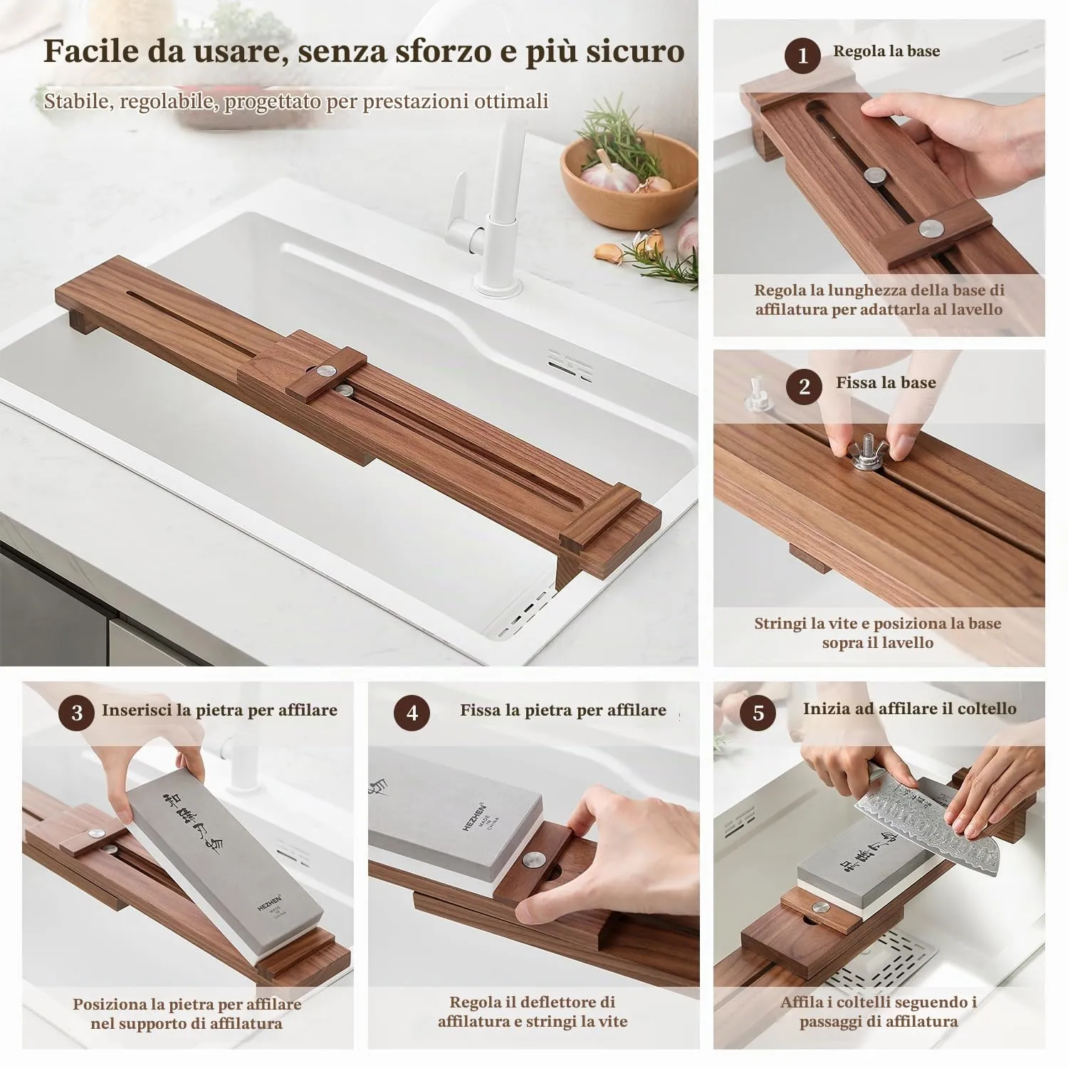 HEZHEN supporto affilacoltelli noce per pietre 6-25 cm