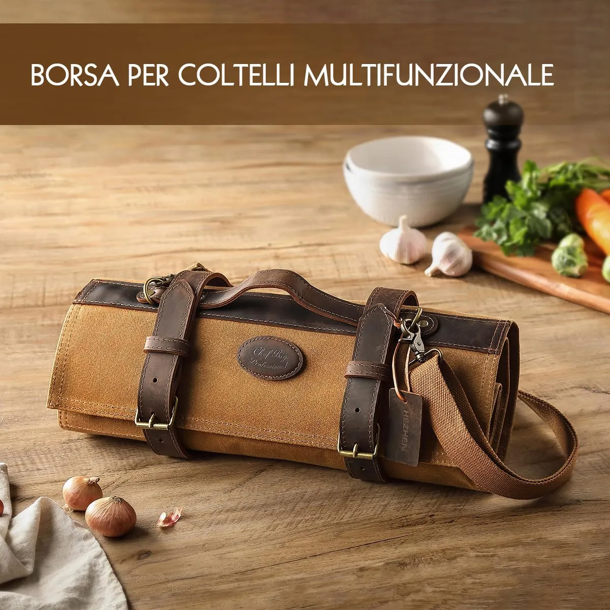 Hezhen Chef Borsa Portacoltelli Tela Ocra 12 Posti