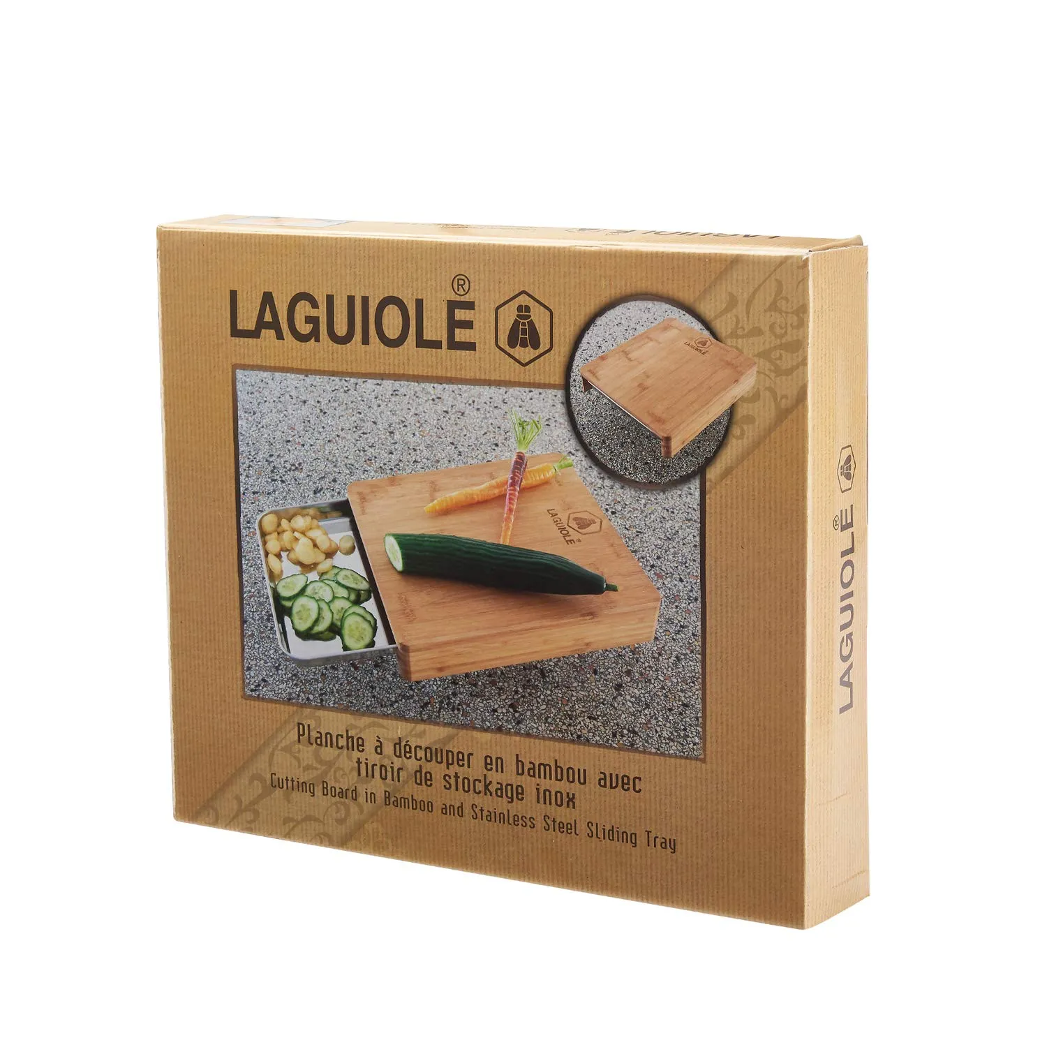 Laguiole en Aubrac tagliere bambù con cassetto acciaio 32 cm