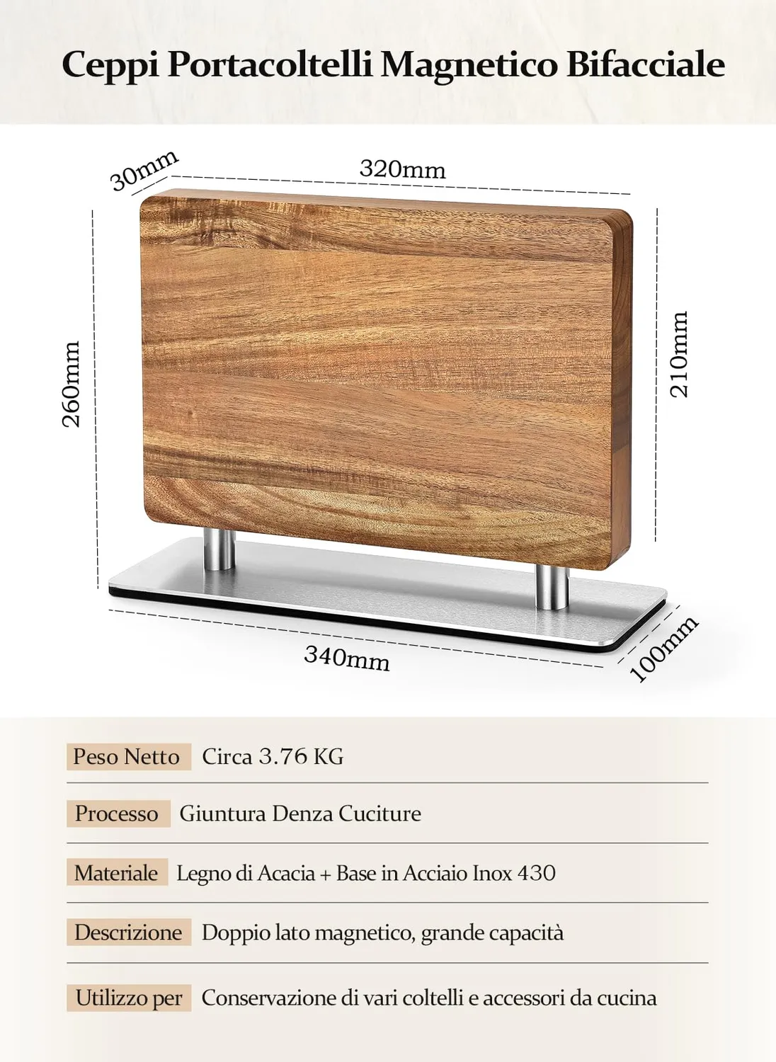 Hezhen ceppo portacoltelli magnetico girevole acacia doppia faccia
