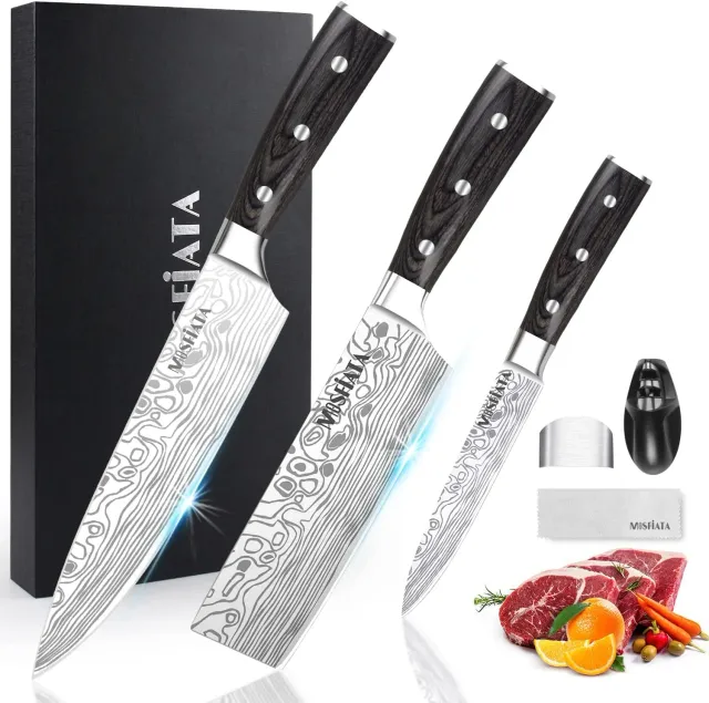 MOSFiATA Set 3 Coltelli Chef 8 Nakiri 7 Utility 5 Acciaio Tedesco