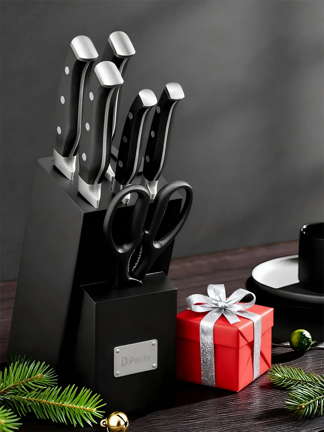 D.Perlla set coltelli cucina 7 pezzi ceppo nero autoaffilante