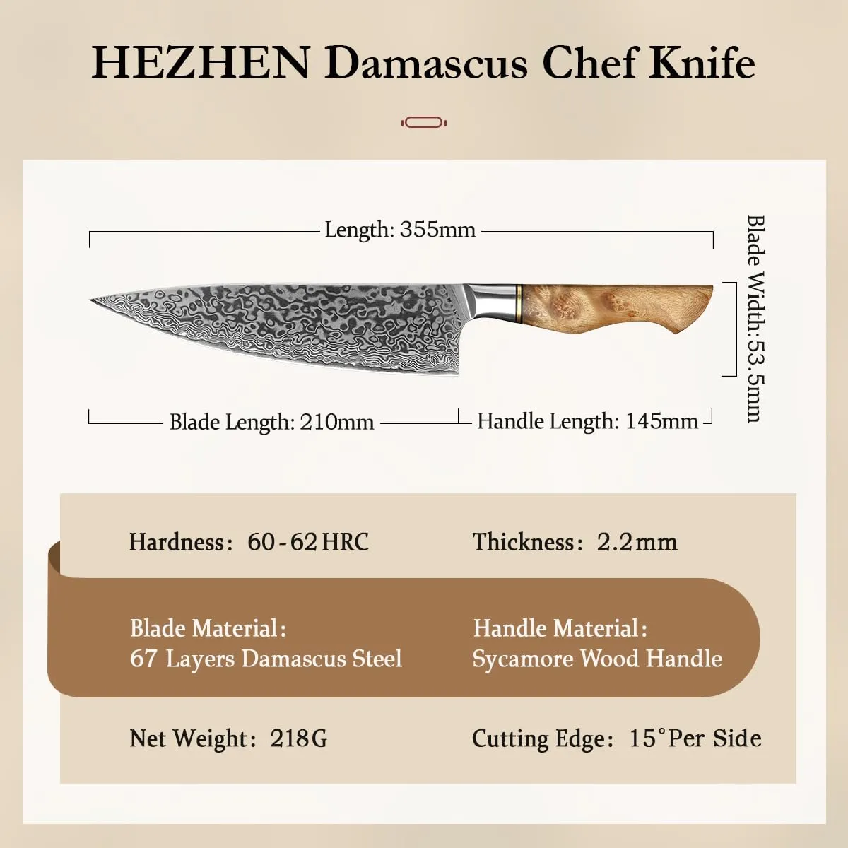 Hezhen Master Chef 21 cm Damasco 67 Strati Legno