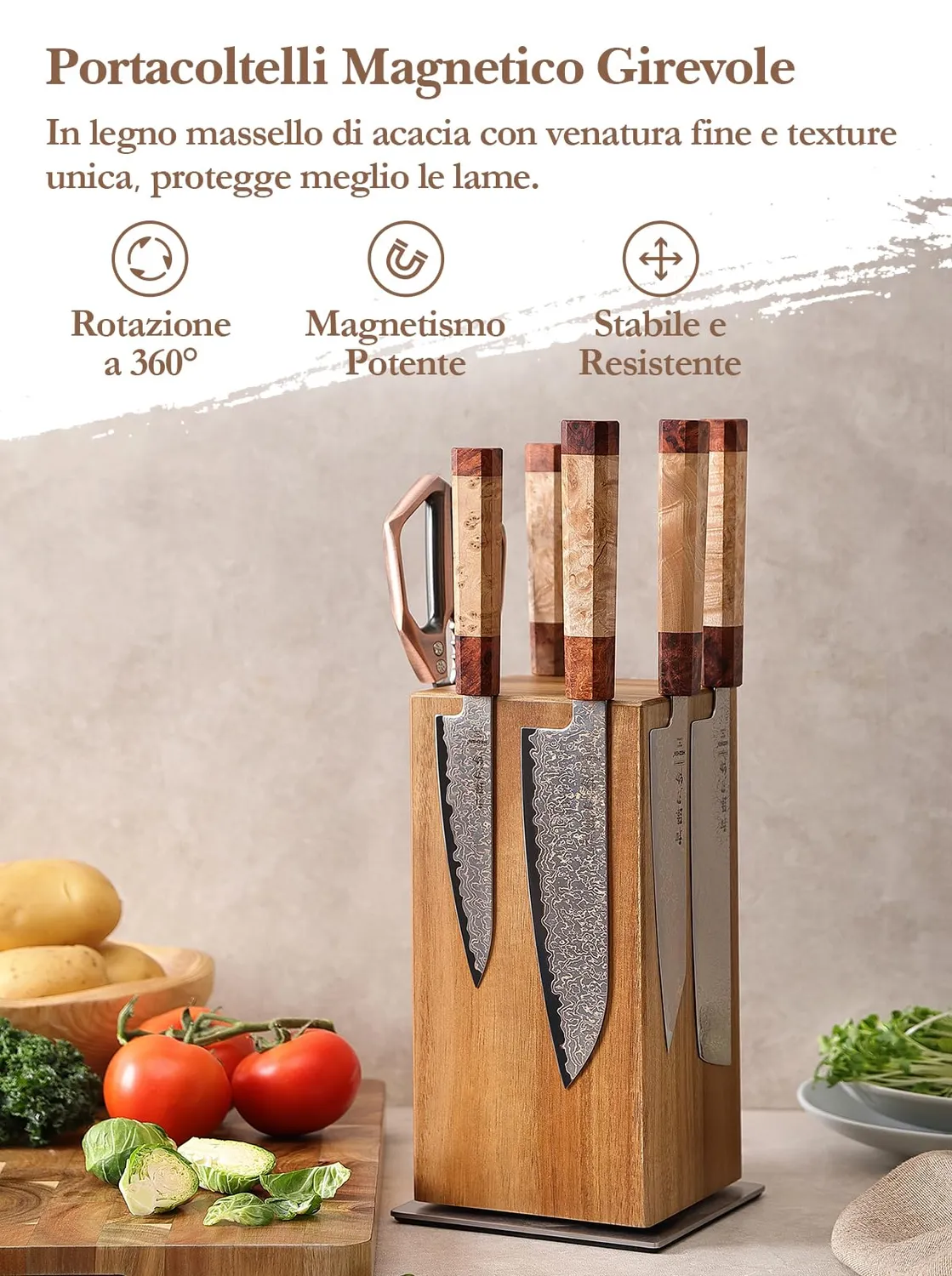 Hezhen ceppo portacoltelli magnetico girevole 360° acacia