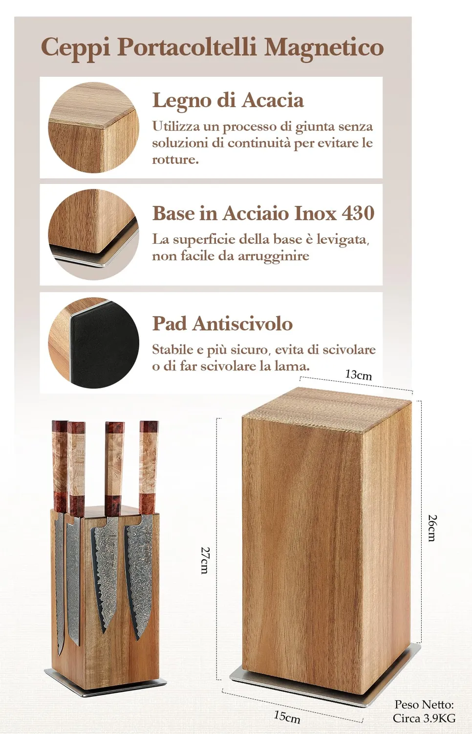 Hezhen ceppo portacoltelli magnetico girevole 360° acacia