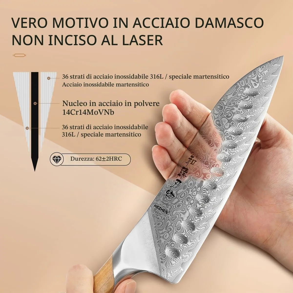 HEZHEN Damasco Set Coltelli Cucina 5 Pezzi Ulivo