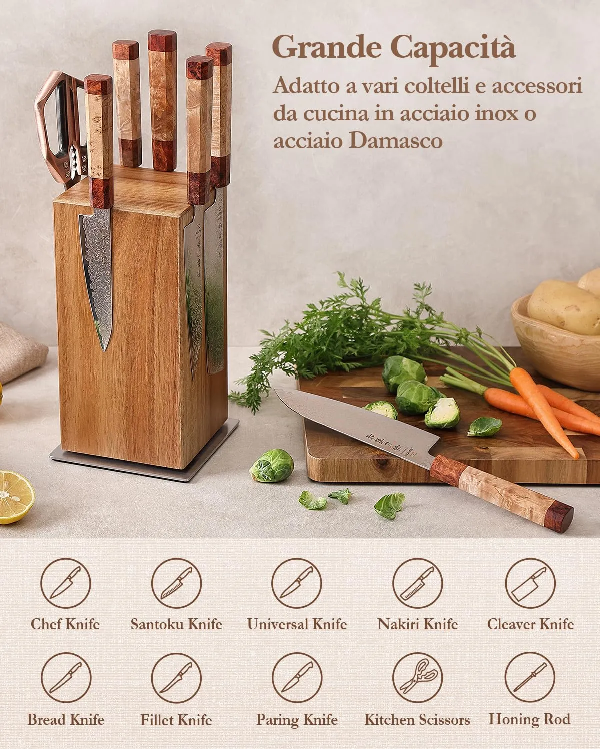 Hezhen ceppo portacoltelli magnetico girevole 360° acacia