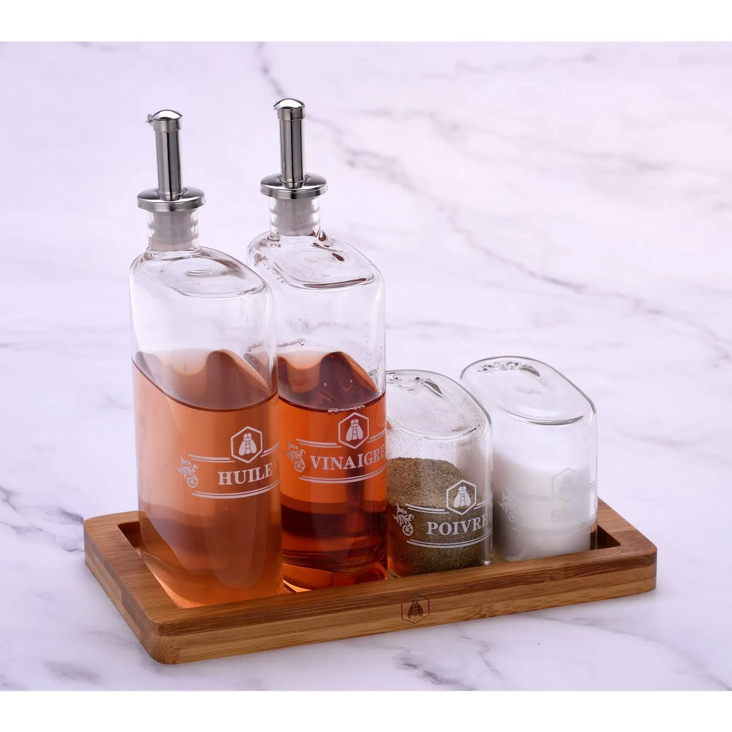 Laguiole Set Vinaigrette 4 pezzi vetro olio aceto sale pepe