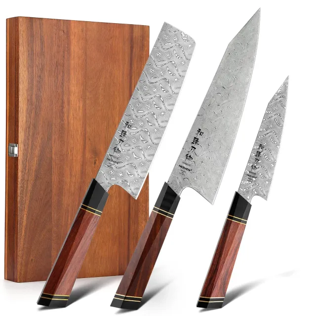 Hezhen set 3 coltelli Damasco 110 strati manico ottagonale