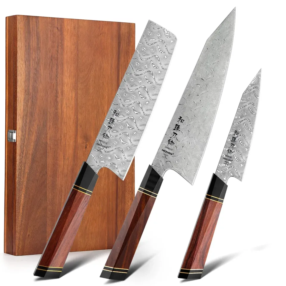 Hezhen set 3 coltelli Damasco 110 strati manico ottagonale
