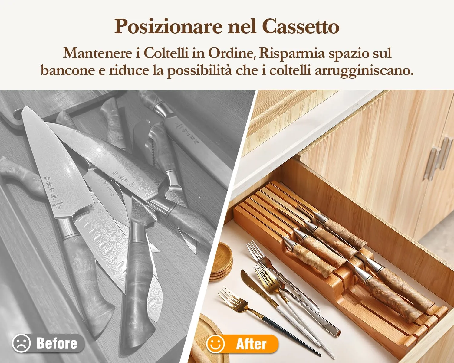 HEZHEN Portacoltelli Cassetto Legno Ciliegio 7 Posti