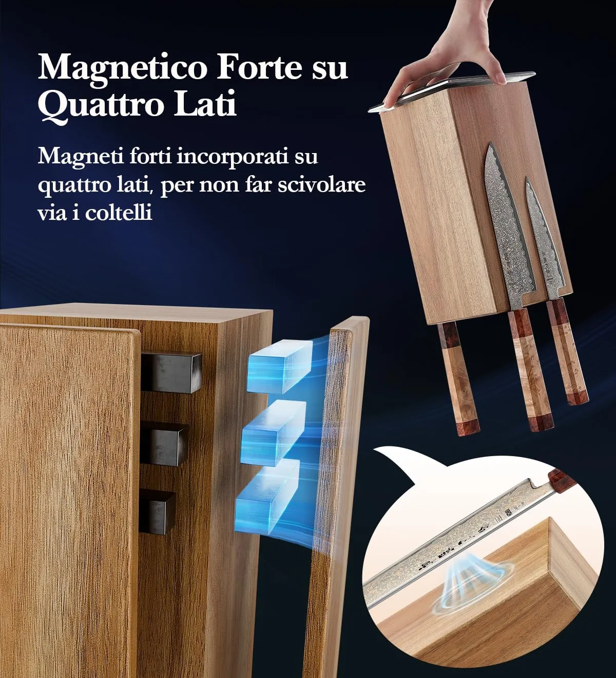 Hezhen ceppo portacoltelli magnetico girevole 360° acacia