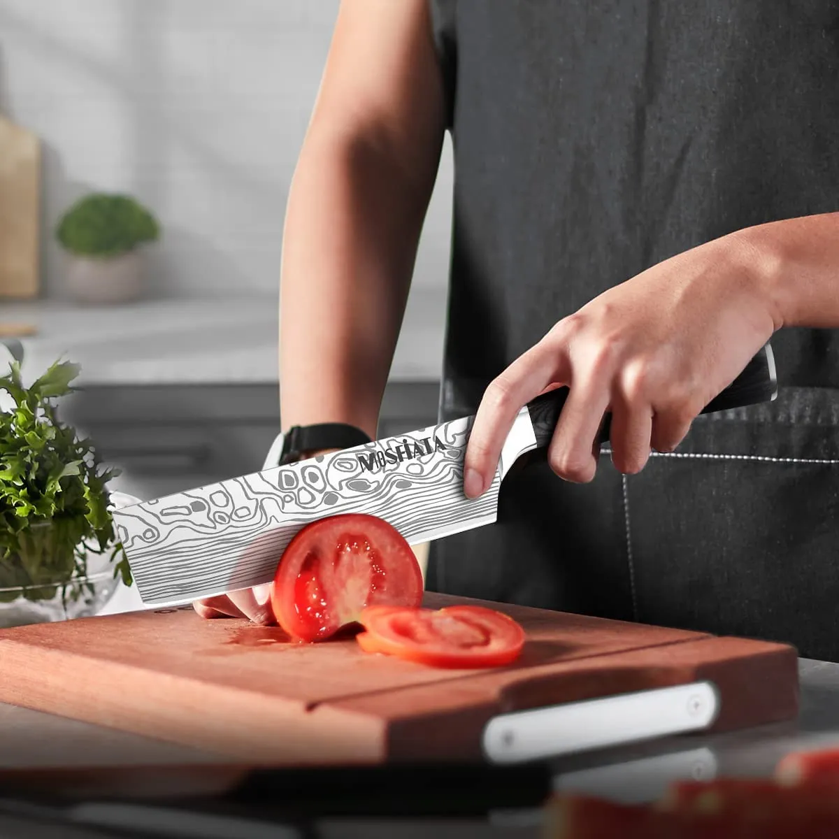 MOSFiATA Set 3 Coltelli Chef 8 Nakiri 7 Utility 5 Acciaio Tedesco