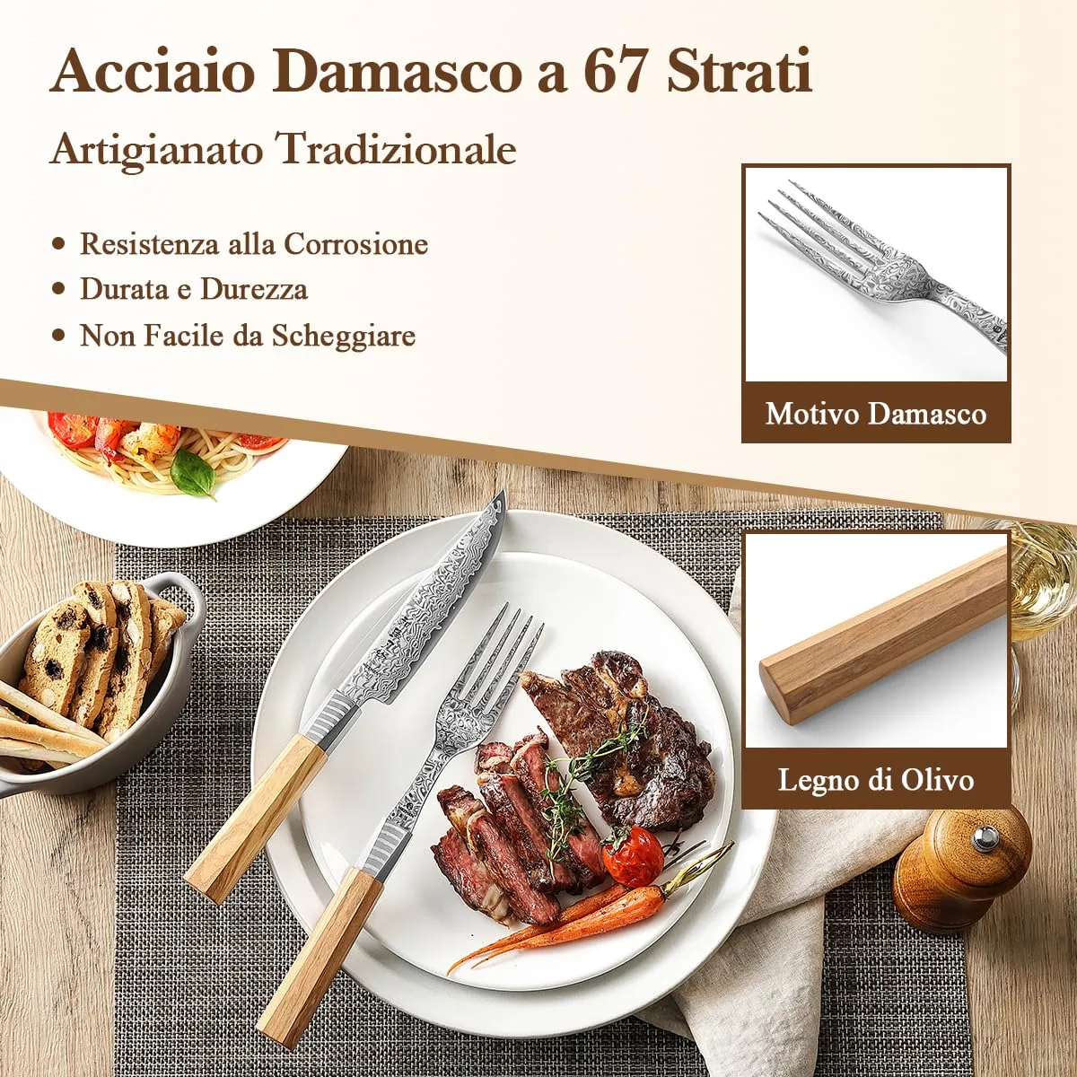 HEZHEN Damasco Set Bistecca Coltello e Forchetta Ulivo
