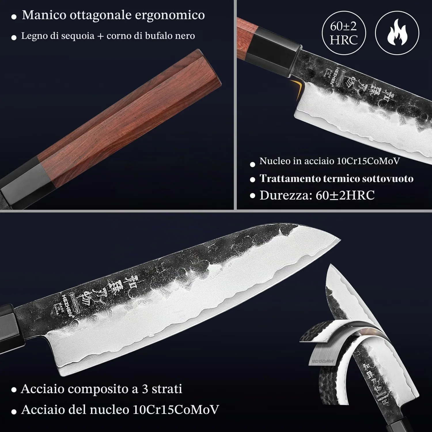 Hezhen Santoku coltello giapponese 14 cm stone wash