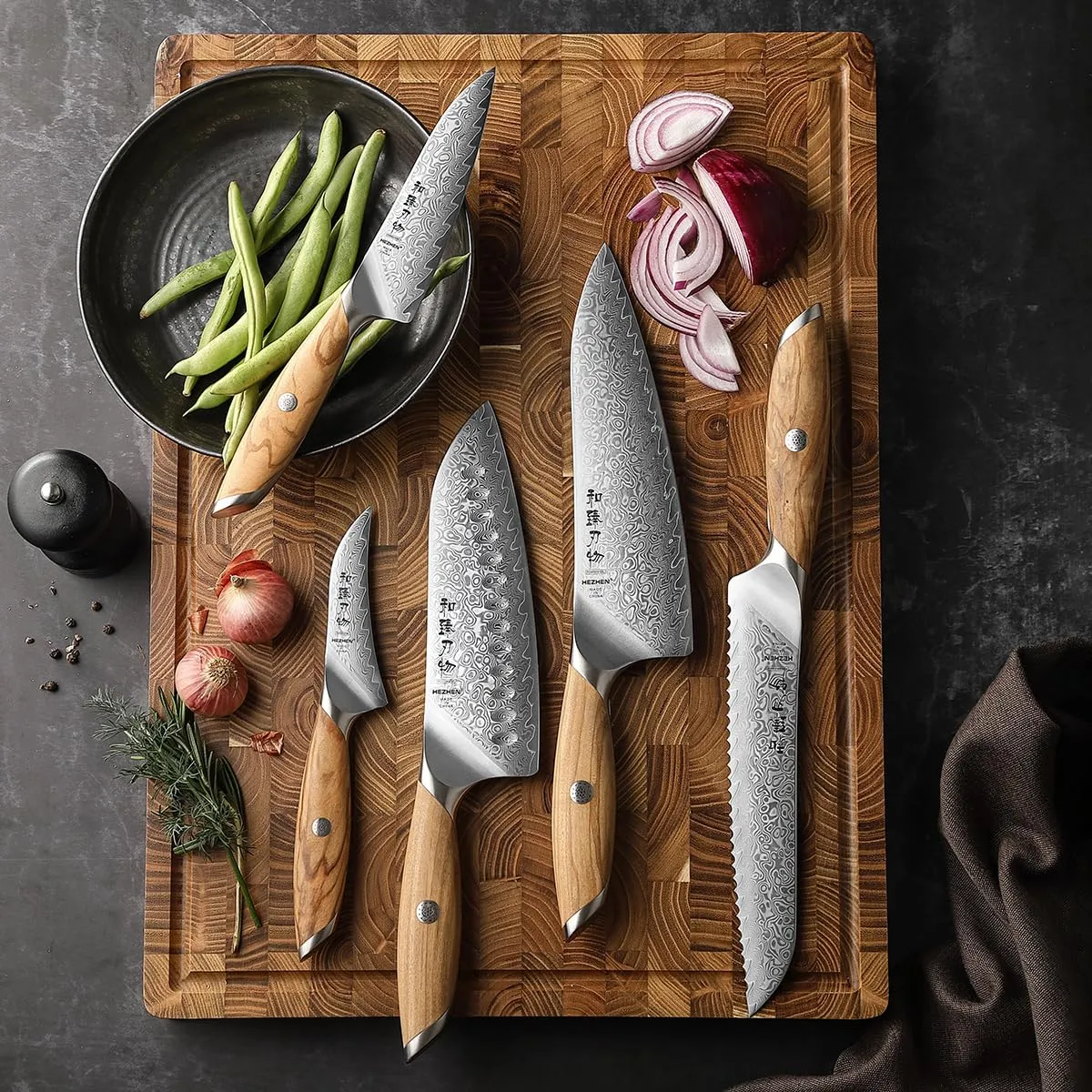 HEZHEN Damasco Set Coltelli Cucina 5 Pezzi Ulivo