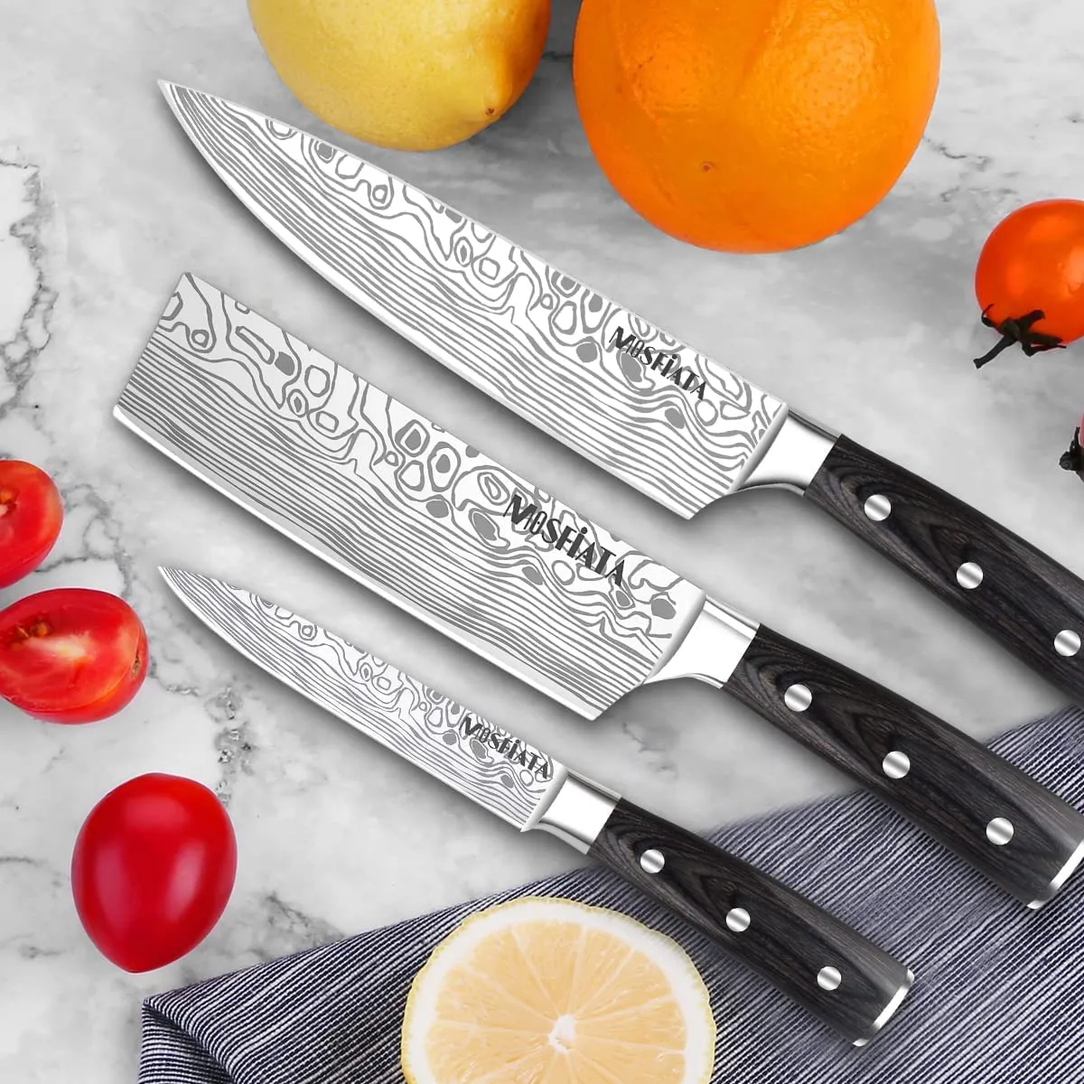MOSFiATA Set 3 Coltelli Chef 8 Nakiri 7 Utility 5 Acciaio Tedesco