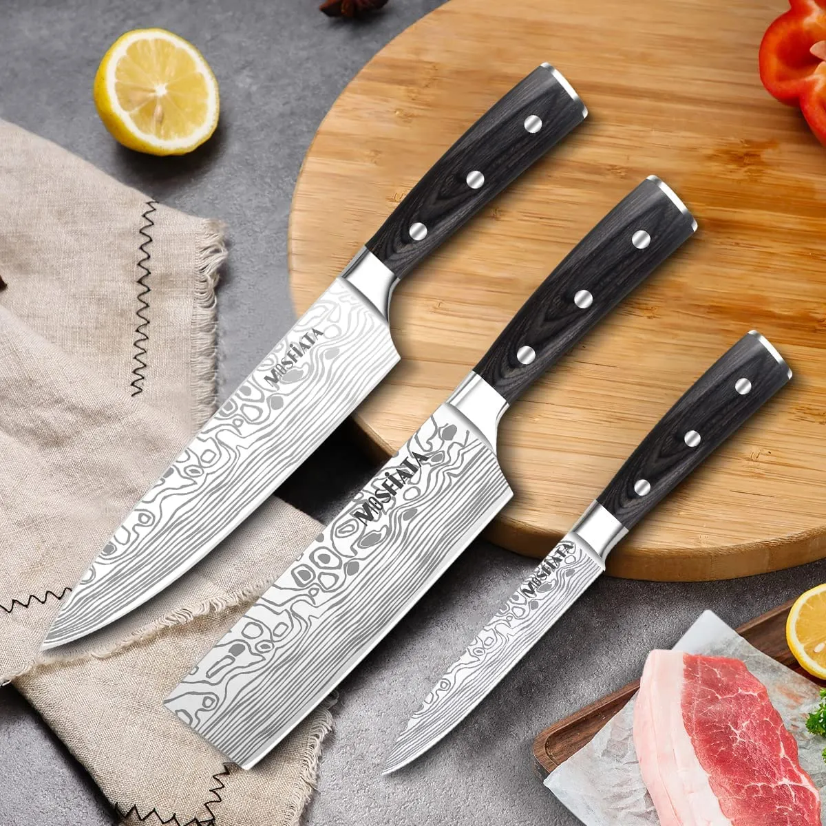 MOSFiATA Set 3 Coltelli Chef 8 Nakiri 7 Utility 5 Acciaio Tedesco