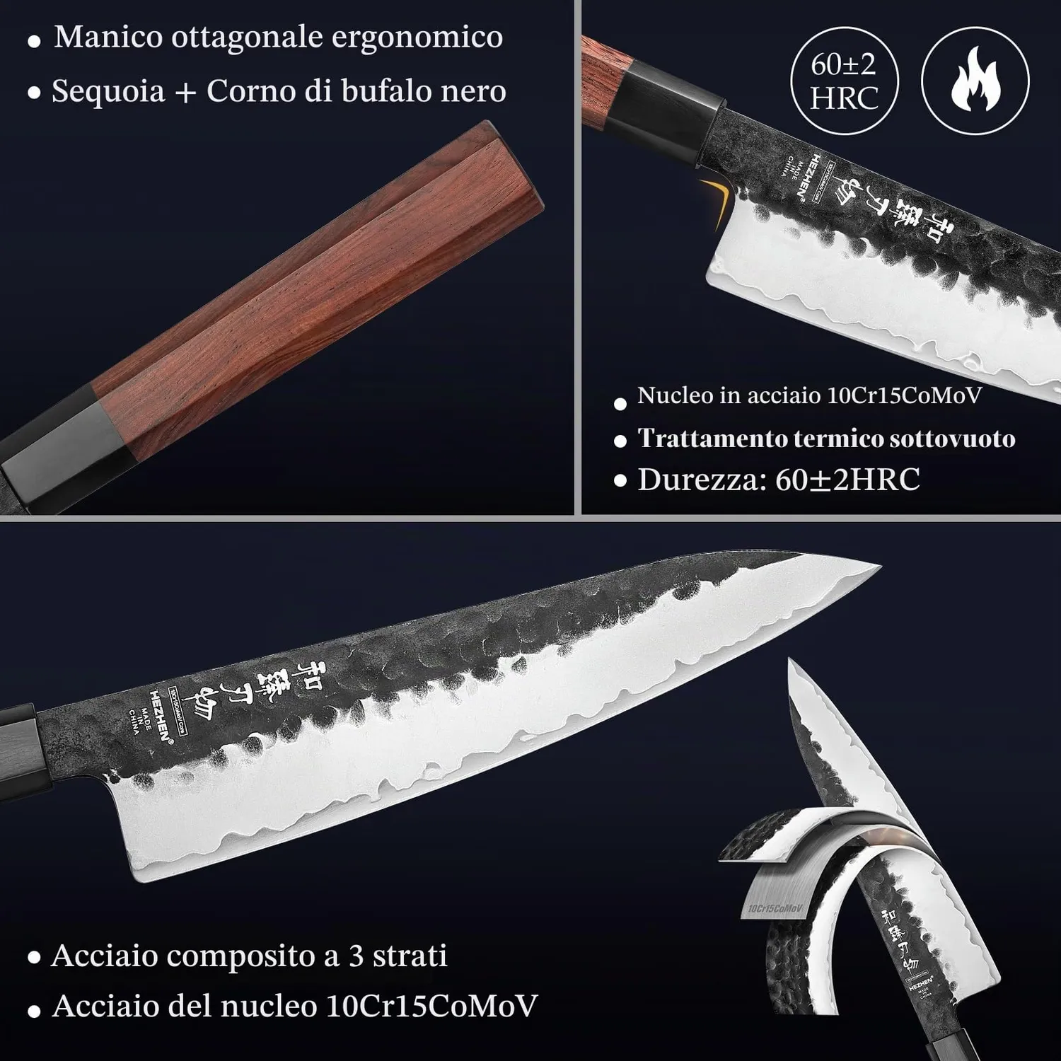 Hezhen Retro coltello da chef con fodero acciaio carbonio