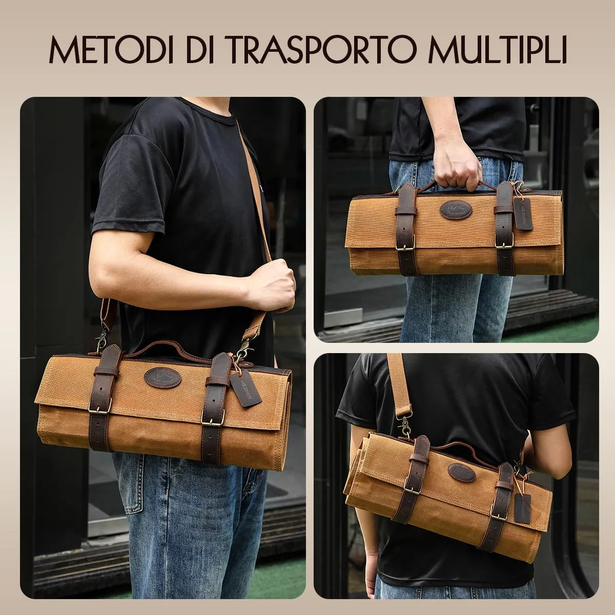 Hezhen Chef Borsa Portacoltelli Tela Ocra 12 Posti