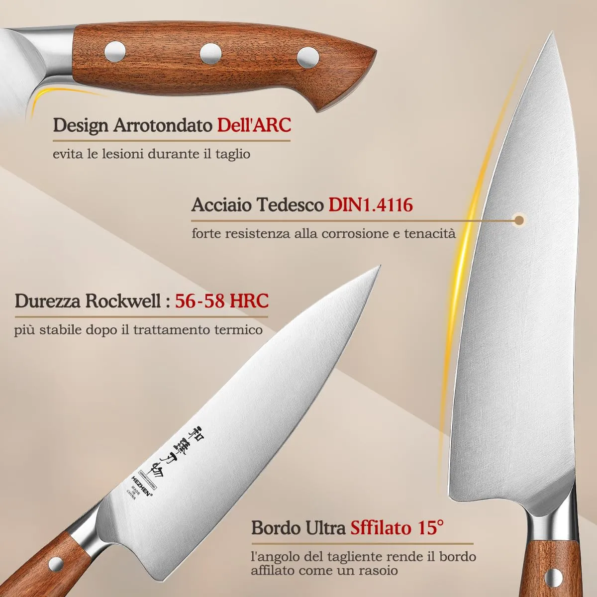 HEZHEN 21 cm coltello da chef acciaio tedesco con fodero