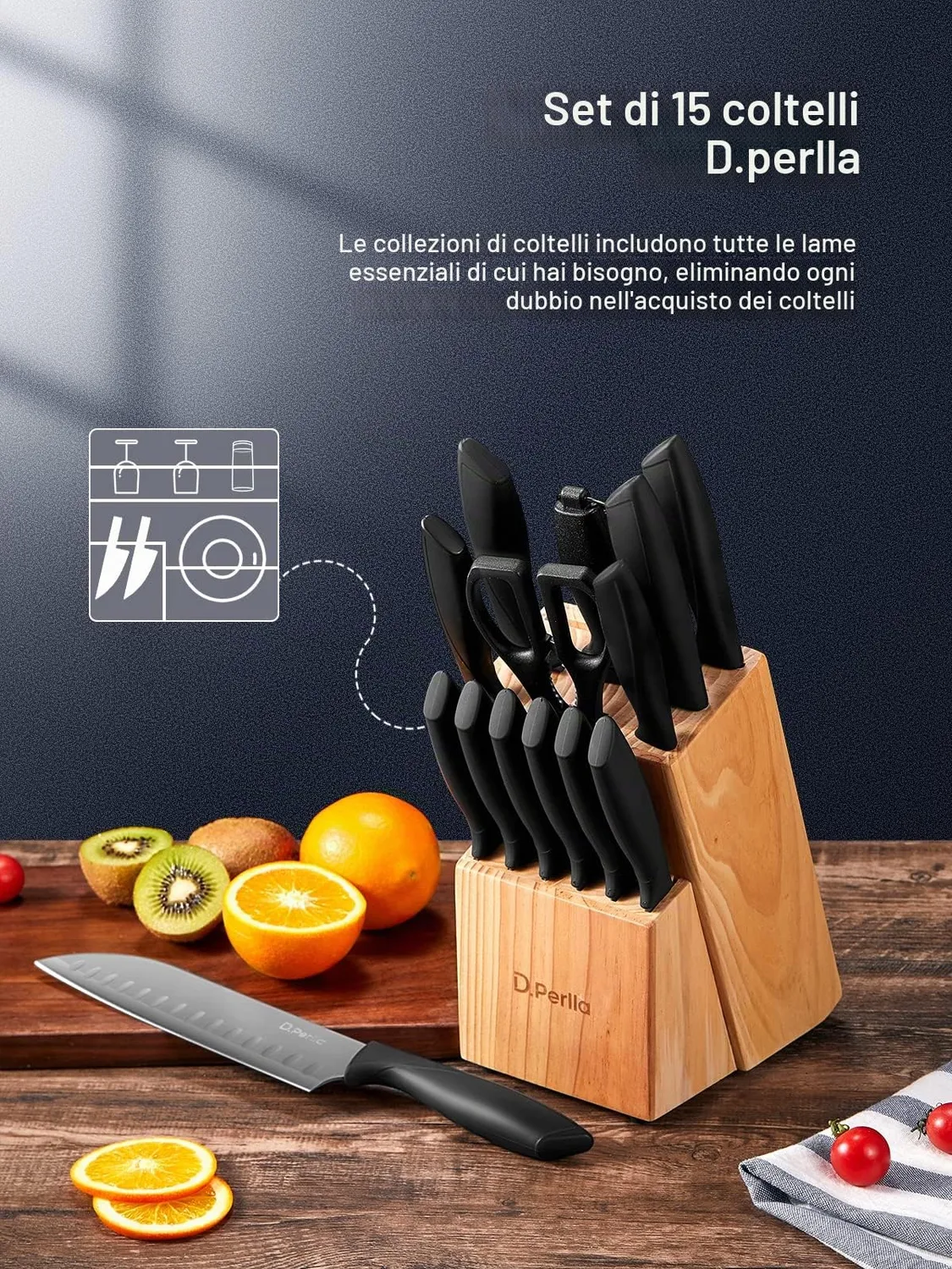 D.Perlla set coltelli 15 pezzi ceppo legno antiaderenti