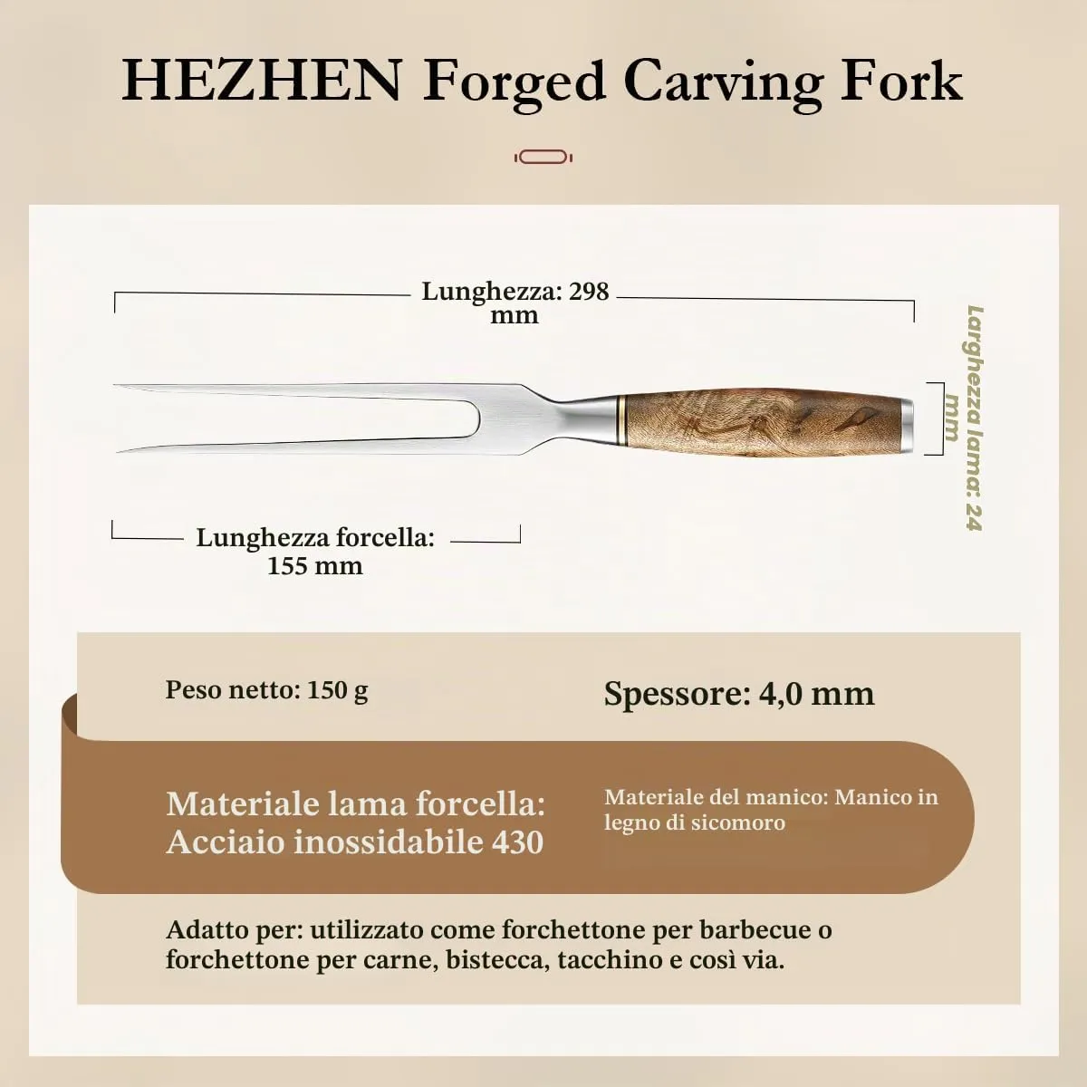 Hezhen Forchetta Carne Acciaio 29,8 cm Manico Legno