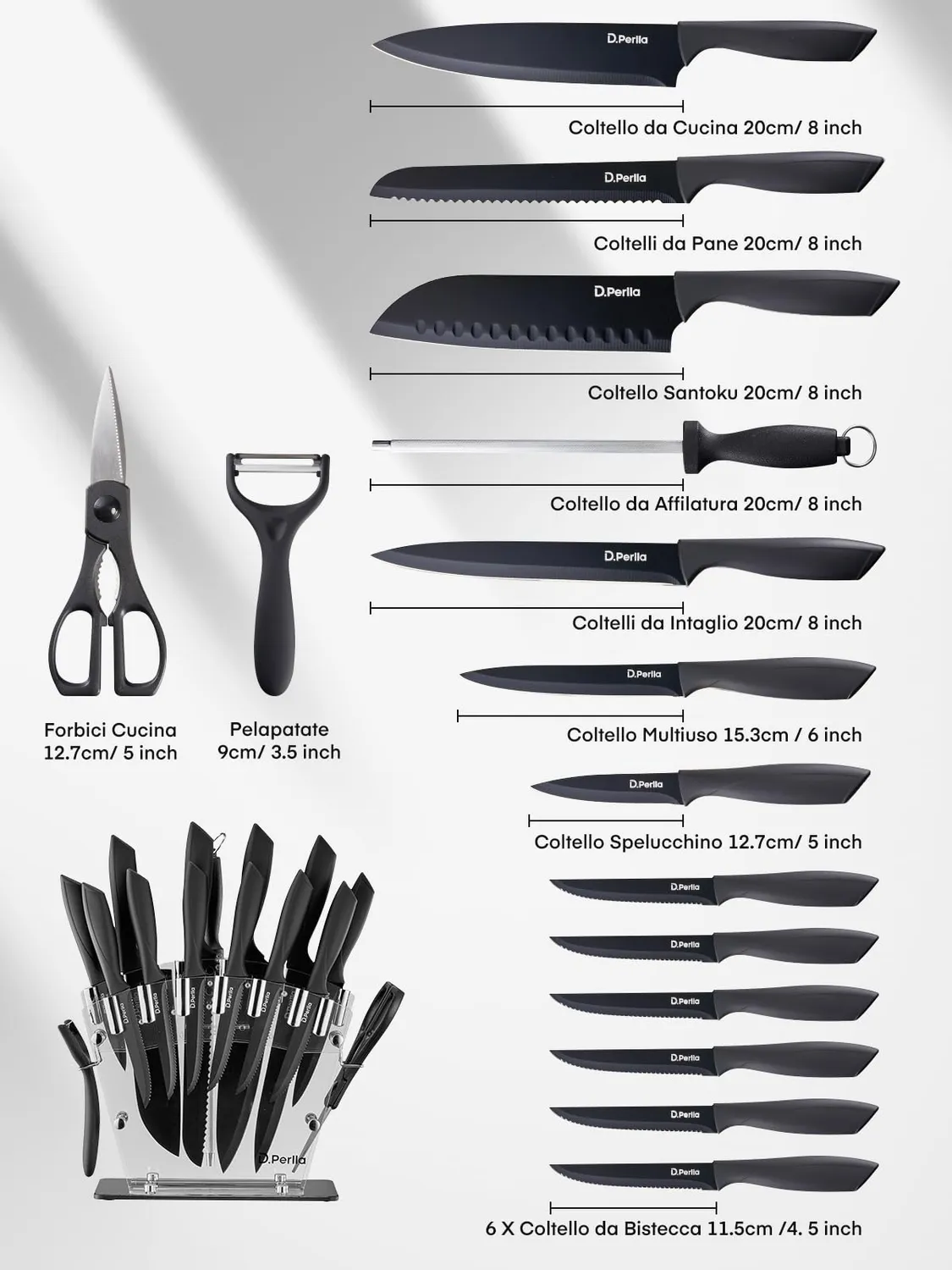 D.Perlla set coltelli 16 pezzi antiaderenti nero acrilico