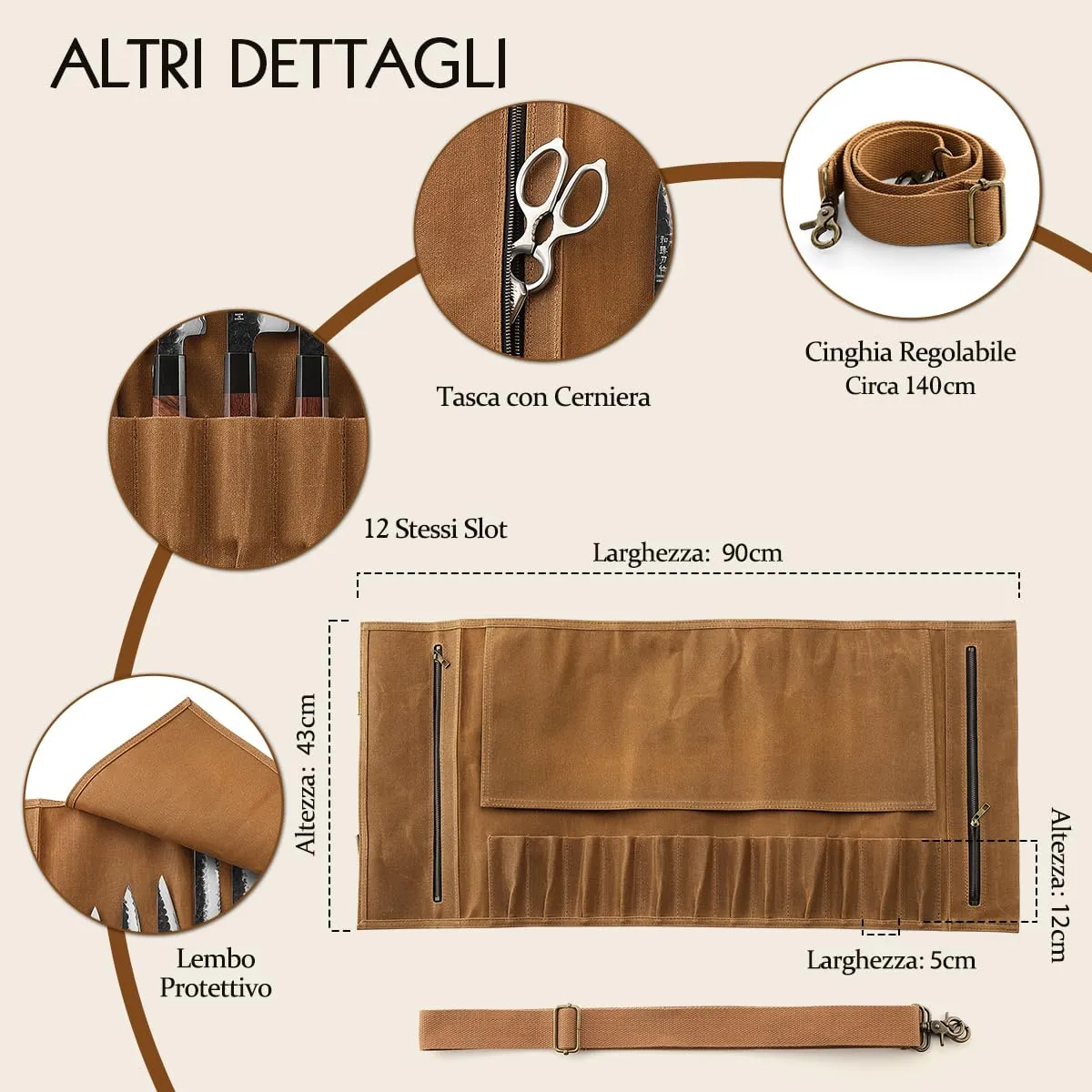 Hezhen Chef Borsa Portacoltelli Tela Ocra 12 Posti