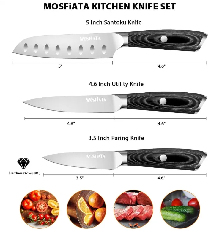 MOSFiATA set 3 coltelli cucina santoku acciaio tedesco