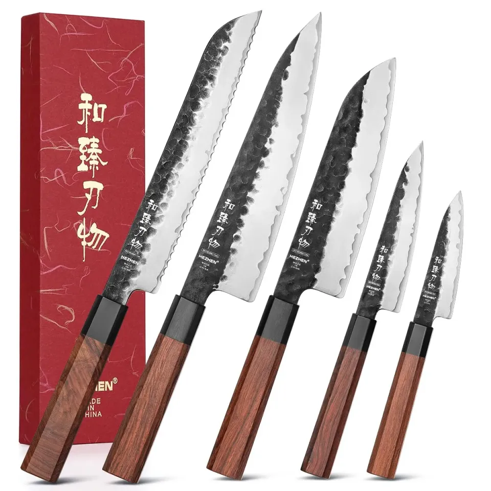Hezhen set coltelli cucina 5 pezzi manico ottagonale damasco