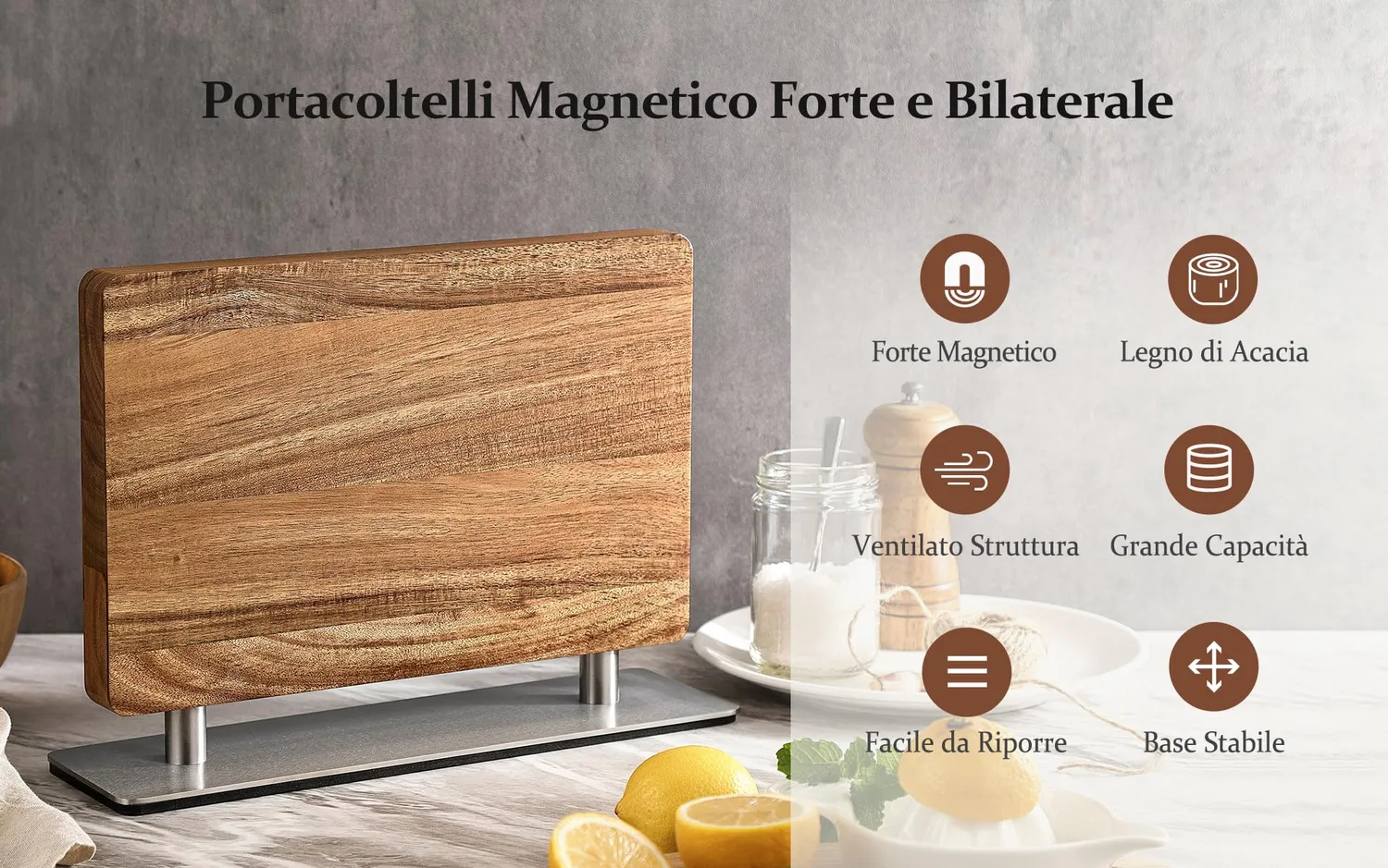 Hezhen ceppo portacoltelli magnetico girevole acacia doppia faccia