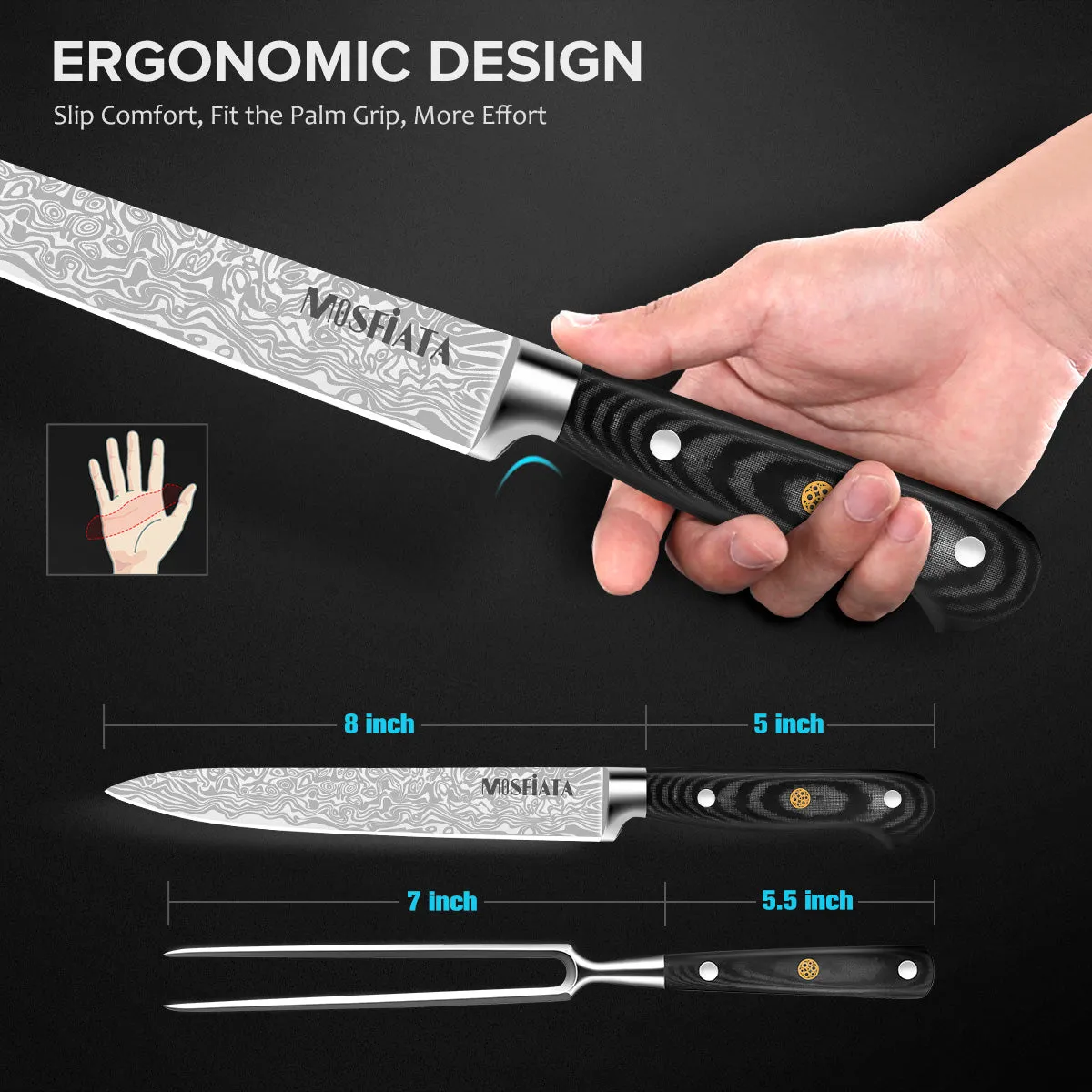 MOSFiATA Trinciante 8" e Forchettone 7" Set 2 Pezzi Inox