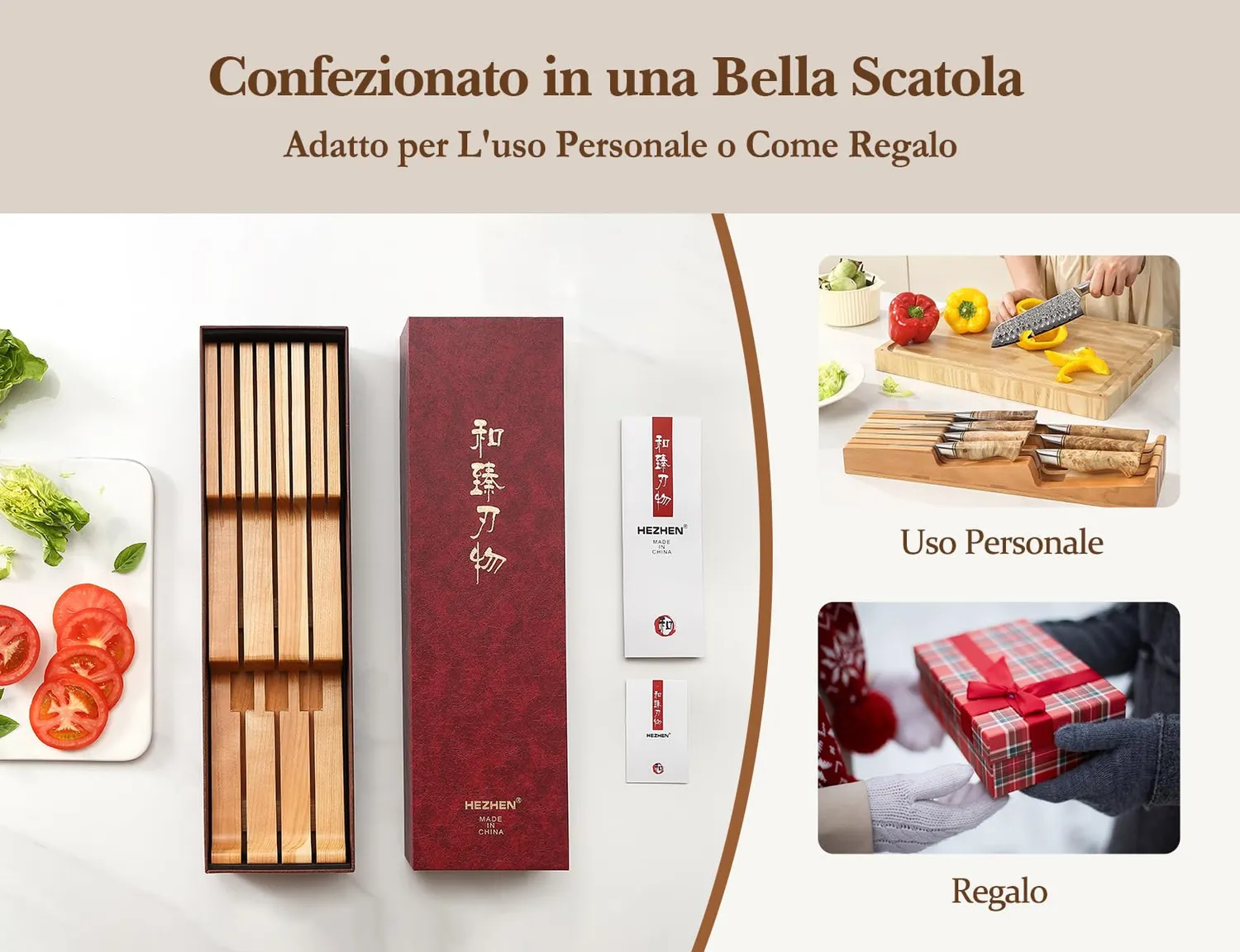 HEZHEN Portacoltelli Cassetto Legno Ciliegio 7 Posti