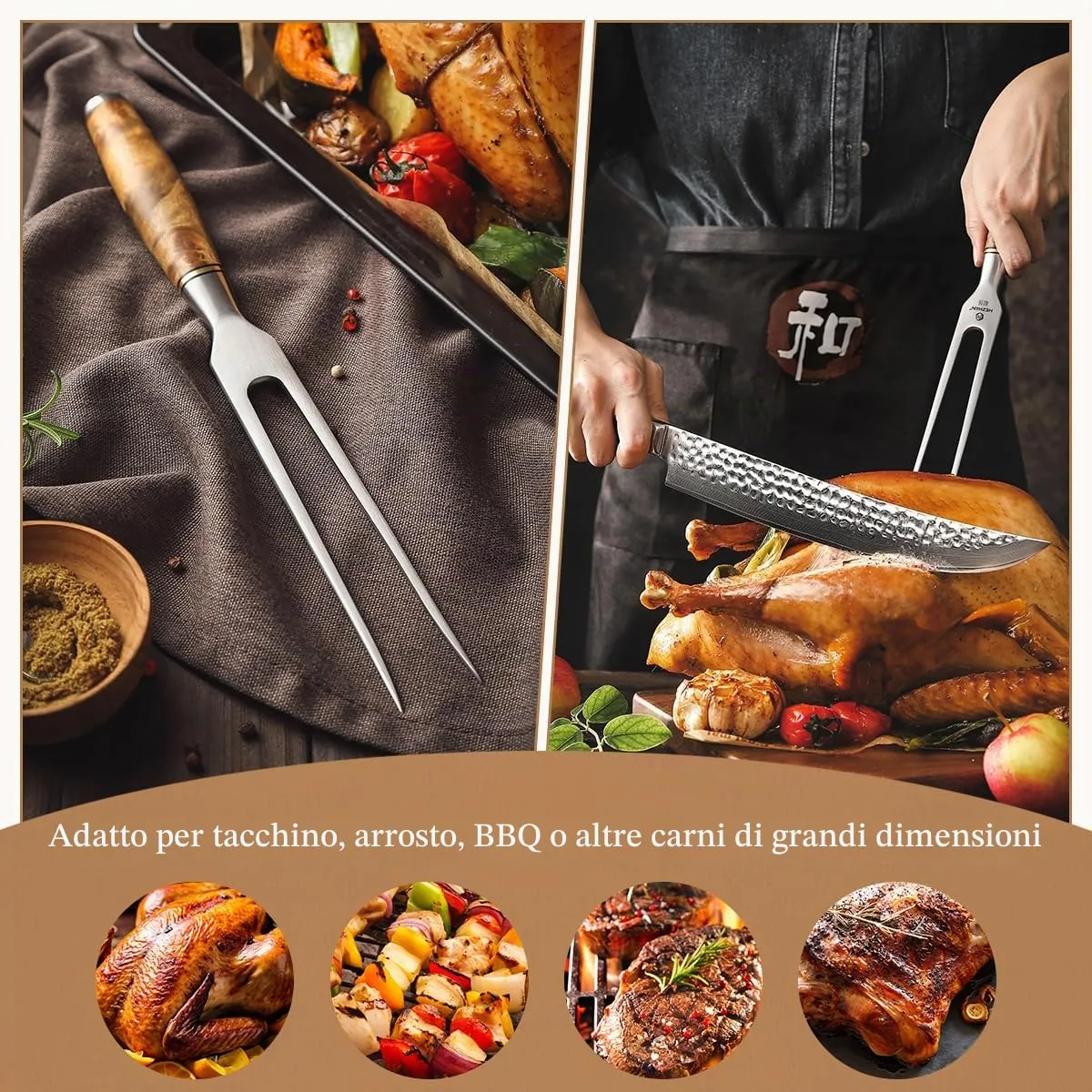 Hezhen Forchetta Carne Acciaio 29,8 cm Manico Legno