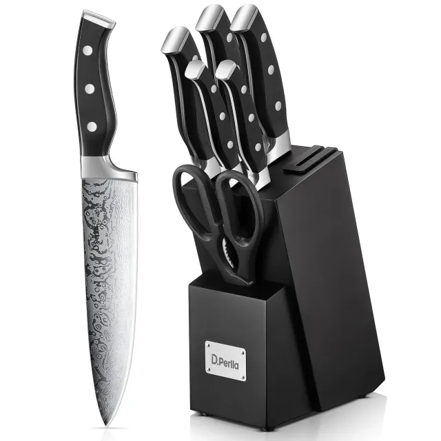 D.Perlla set coltelli cucina 7 pezzi ceppo nero autoaffilante